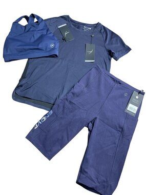 Endeavor 3pc Activewear Set Bra Shirt & Shorts French Navy XS NWT